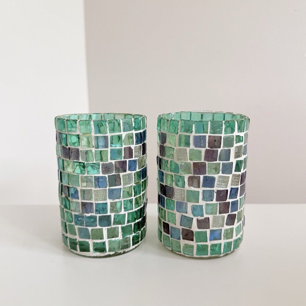 Illuminations Key West Aqua Mosaic Glass Votive Candle Holder Set Coastal Decor